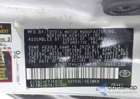 2012 Toyota Camry Le from USA, damaged, VIN 4T4BF1FK4CR176036